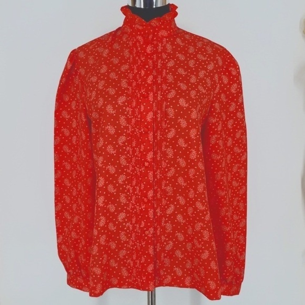 Vintage Panther Red Floral Ruffle High Neck Blouse Pintuck Pleated Top 13/14